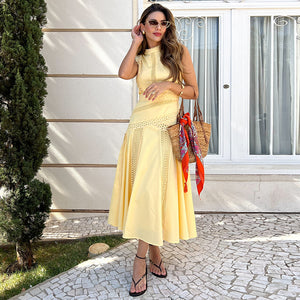 Léandra Lace Sleeveless High Neck A-Line Midi Dress