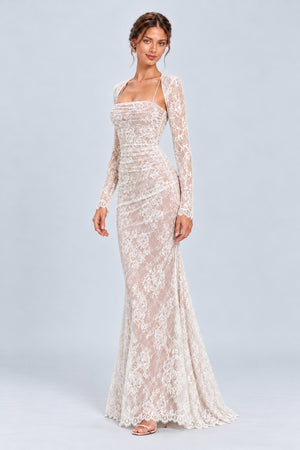 Léorine Lace Corset Maxi Dress with Shrug - White - selmori.com - 05
