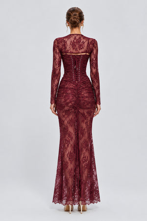Léorine Lace Corset Maxi Dress with Shrug - Burgundy - selmori.com - 02