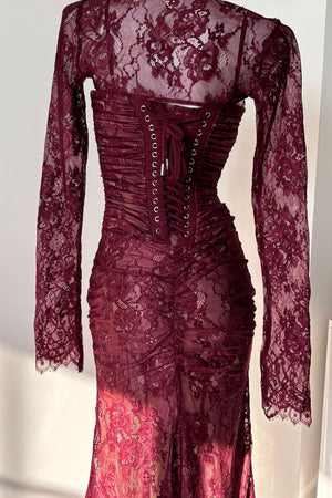 Léorine Lace Corset Maxi Dress with Shrug - Burgundy - selmori.com - 13