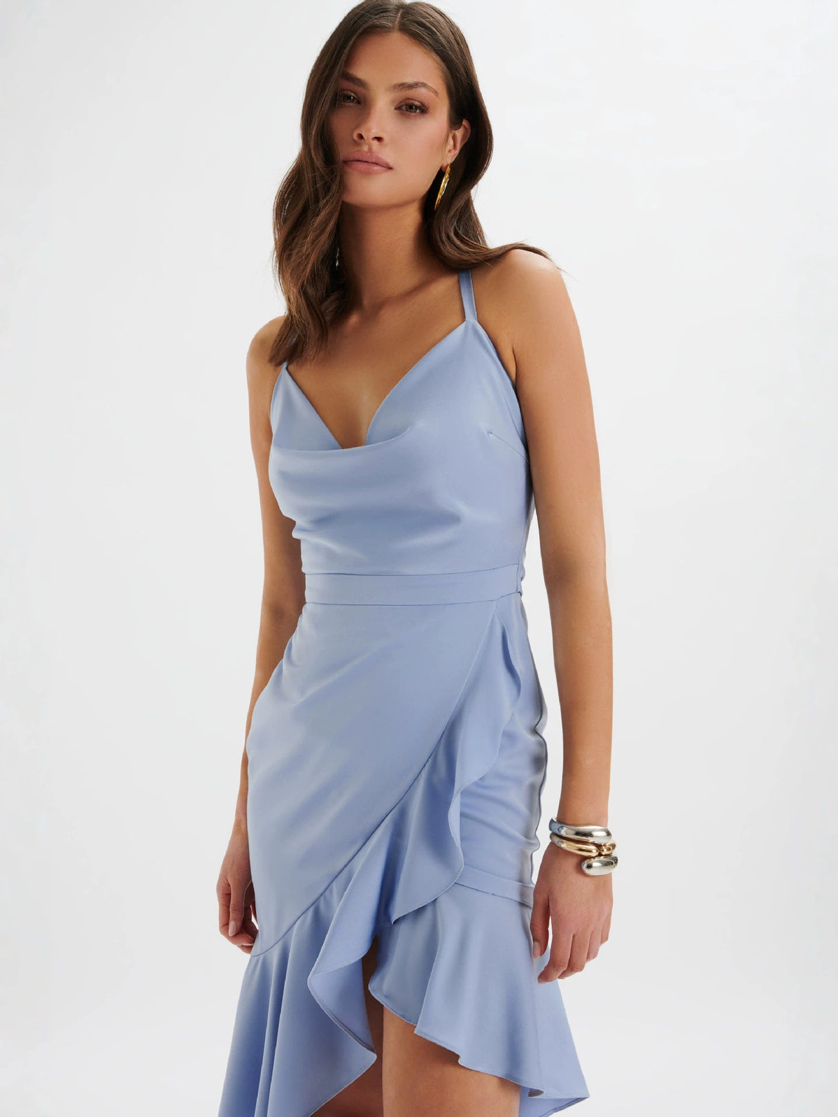 Amulette Cowl Neck Ruffle Midi Dress