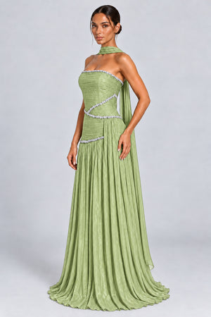 Lioréane Strapless Crystal-Trim Ruched Maxi Dress with Scarf - Green_-_selmori.com_-_05
