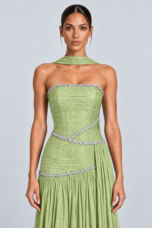 Lioréane Strapless Crystal-Trim Ruched Maxi Dress with Scarf - Green_-_selmori.com_-_07