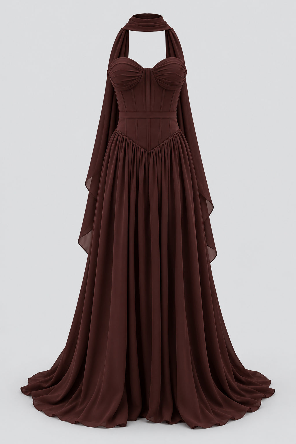 Lioriane Strapless Sweetheart Corset Maxi Dress with Scarf - Brown_-_selmori.com_-_03