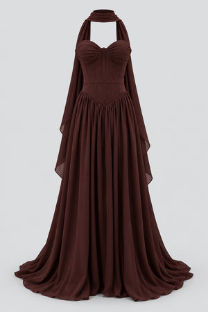 Lioriane Strapless Sweetheart Corset Maxi Dress with Scarf - Brown_-_selmori.com_-_03