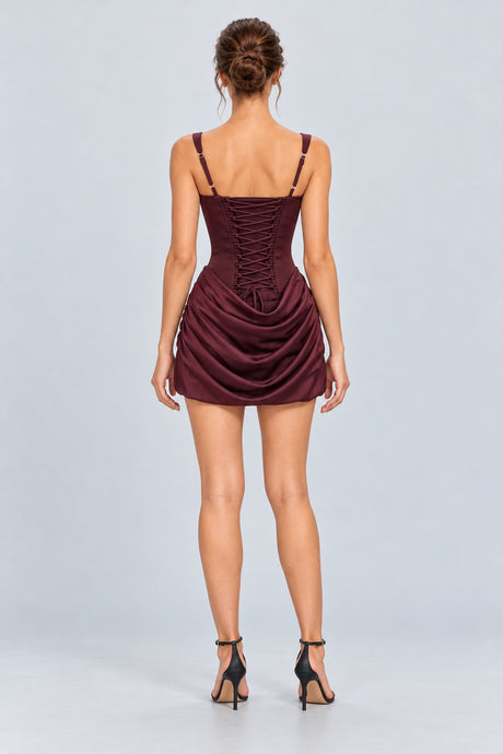 Maëlyne Square Neck Ruched Corset Mini Dress - Burgundy_-_selmori.com_-_02