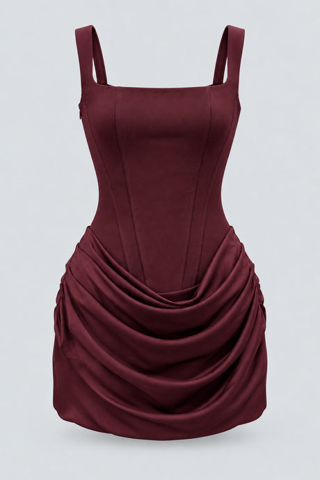 Maëlyne Square Neck Ruched Corset Mini Dress - Burgundy_-_selmori.com_-_03