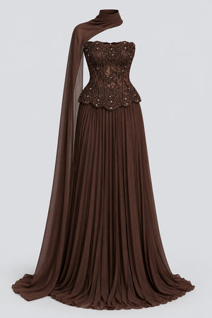 Marcelline Strapless Beaded Lace Corset Two-Piece Maxi Dress with Scarf - Brown_-_selmori.com_-_03