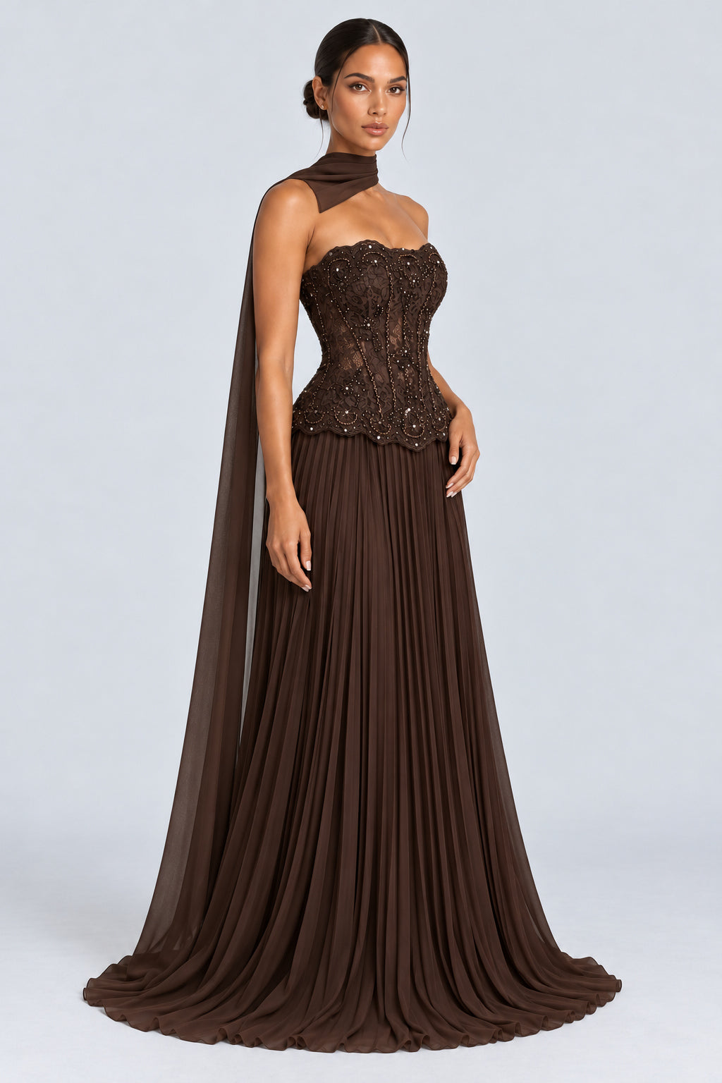 Marcelline Strapless Beaded Lace Corset Two-Piece Maxi Dress with Scarf - Brown_-_selmori.com_-_06