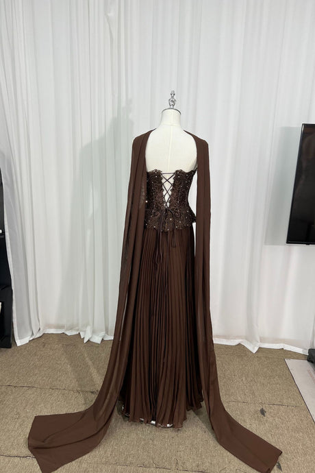 Marcelline Strapless Beaded Lace Corset Two-Piece Maxi Dress with Scarf - Brown_-_selmori.com_-_10