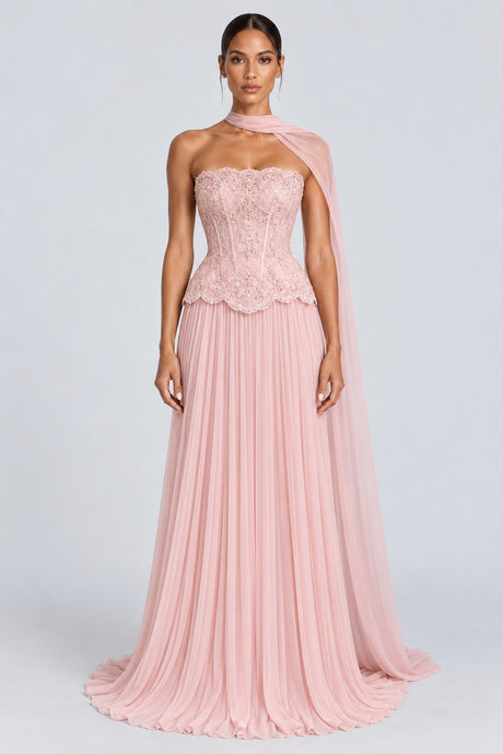 Marcelline Strapless Beaded Lace Corset Two-Piece Maxi Dress with Scarf - Pink_-_selmori.com_-_01