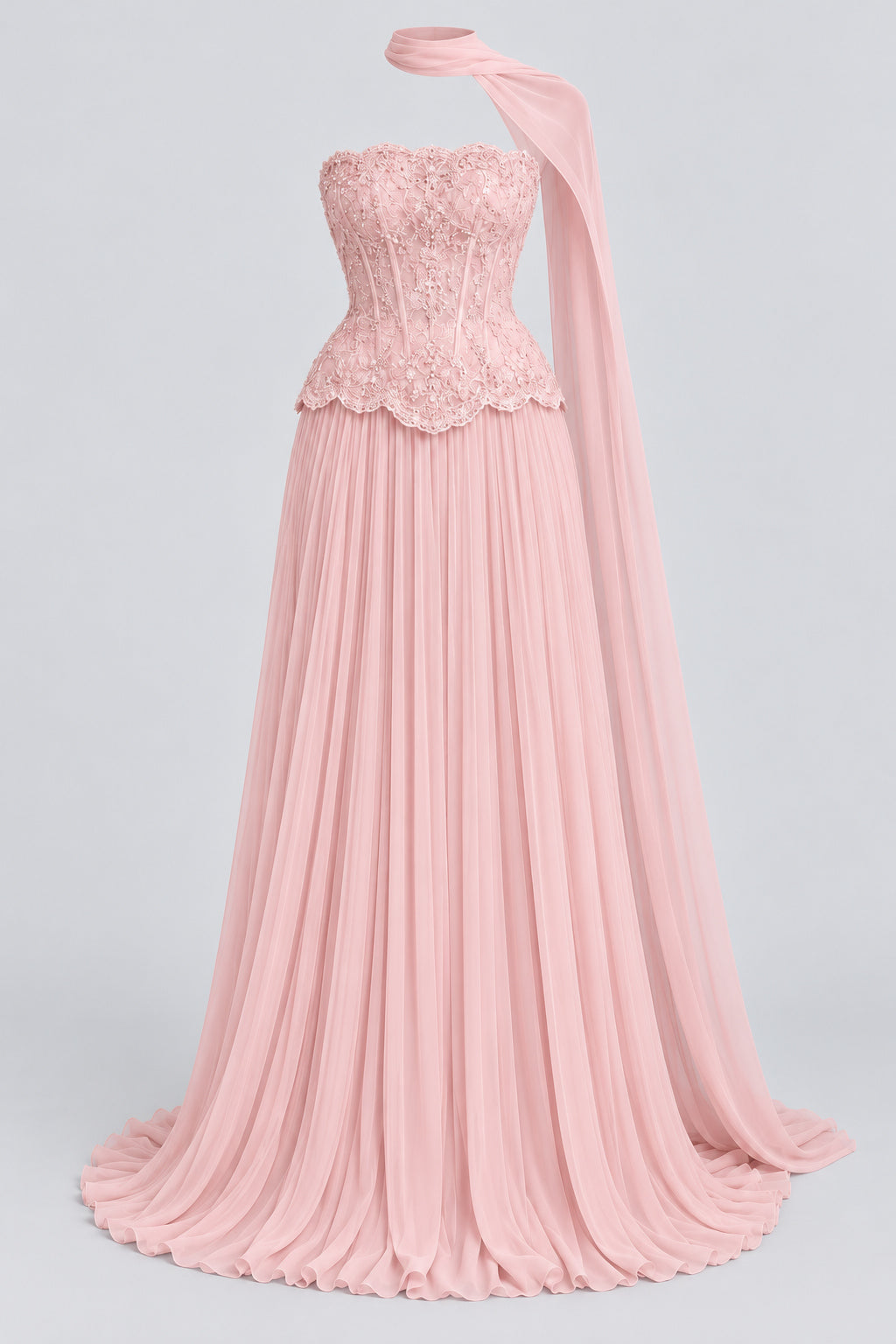 Marcelline Strapless Beaded Lace Corset Two-Piece Maxi Dress with Scarf - Pink_-_selmori.com_-_03