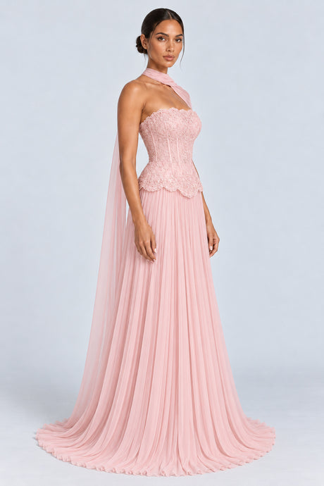 Marcelline Strapless Beaded Lace Corset Two-Piece Maxi Dress with Scarf - Pink_-_selmori.com_-_06