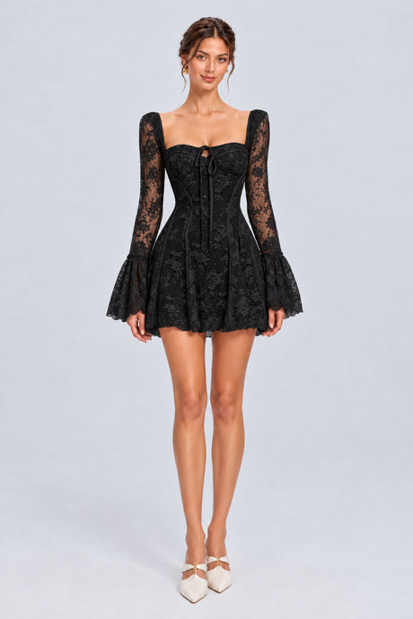 Meliora Lace Corset Bell Sleeve Mini Dress - Black_-_selmori.com_-_01