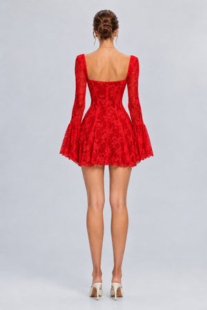 Meliora Lace Corset Bell Sleeve Mini Dress - Red_-_selmori.com_-_02