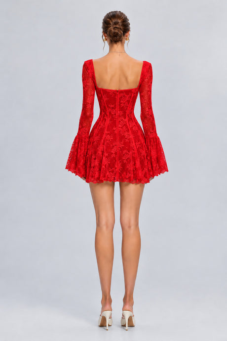 Meliora Lace Corset Bell Sleeve Mini Dress - Red_-_selmori.com_-_02