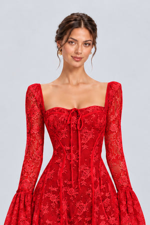 Meliora Lace Corset Bell Sleeve Mini Dress - Red_-_selmori.com_-_07