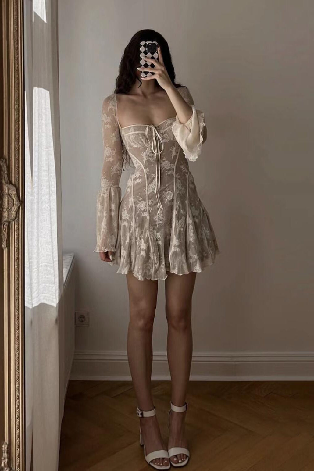 Meliora Lace Corset Bell Sleeve Mini Dress - White_-_selmori.com_-_15