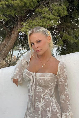 Meliora Lace Corset Bell Sleeve Mini Dress - White_-_selmori.com_-_16