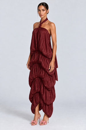 Melisandre Halterneck Draped Bubble Maxi Dress - Burgundy_-_selmori.com_-_05