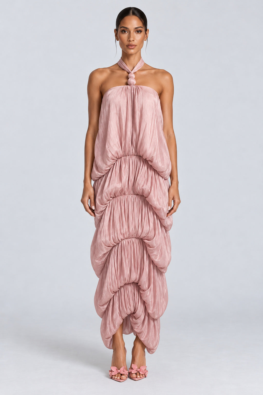 Melisandre Halterneck Draped Bubble Maxi Dress - Pink_-_selmori.com_-_01