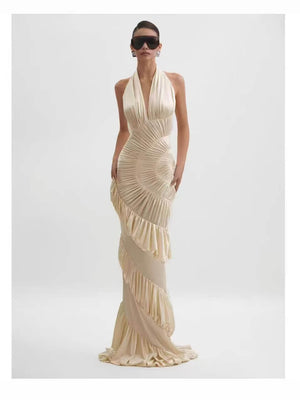 Illusion Halter Neck Pleated Maxi Dress