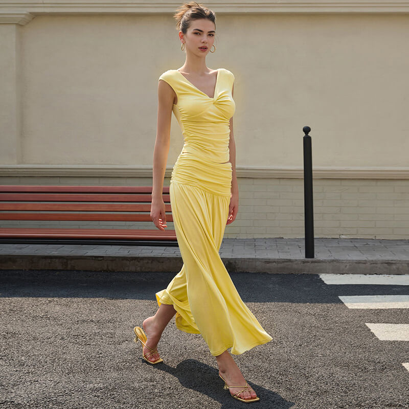 Aurore V Neck Ruched Maxi Dress Set