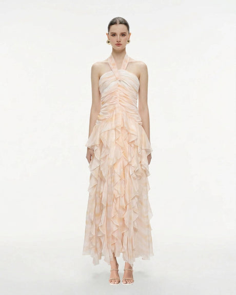 Selmori Mila Ruffle Halter Maxi Dress BEIGE