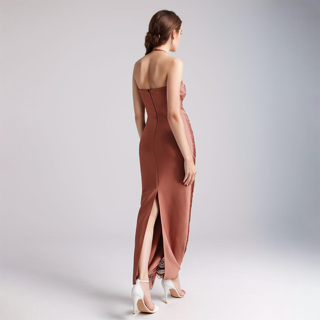 Selmori Jade Ruched Halter Neck Maxi Dress