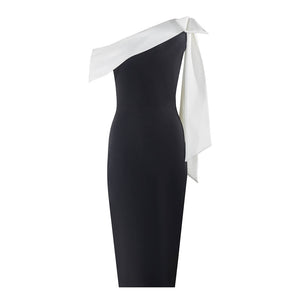 Selmori Inès One Shoulder Elegant Midi Dress Black & White