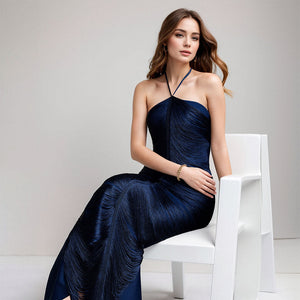 Selmori Jade Ruched Halter Neck Maxi Dress Blue