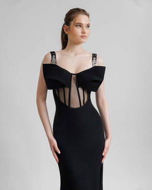 Éclatante Corset High Slit Mesh Maxi Dress