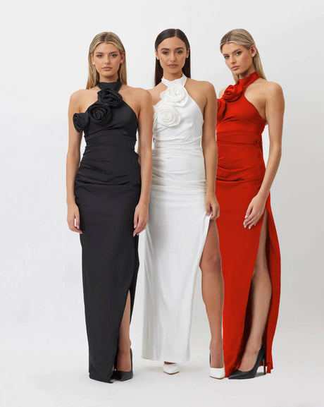 Selmori Bellevue Satin Floral Rose Halter Maxi Dress