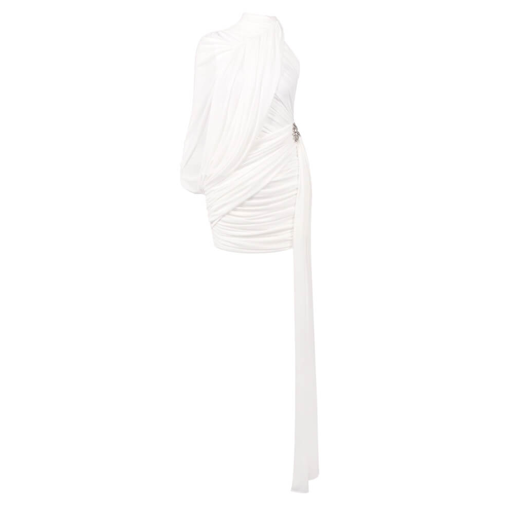 Instinct One Shoulder Draped Ruched Mini Dress White
