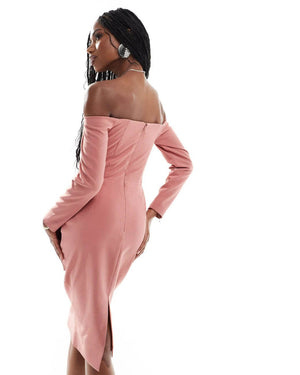 Élégance Off Shoulder Long Sleeve Midi Dress
