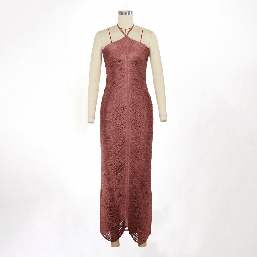 Selmori Jade Ruched Halter Neck Maxi Dress
