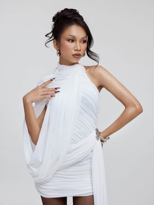 Instinct One Shoulder Draped Ruched Mini Dress White