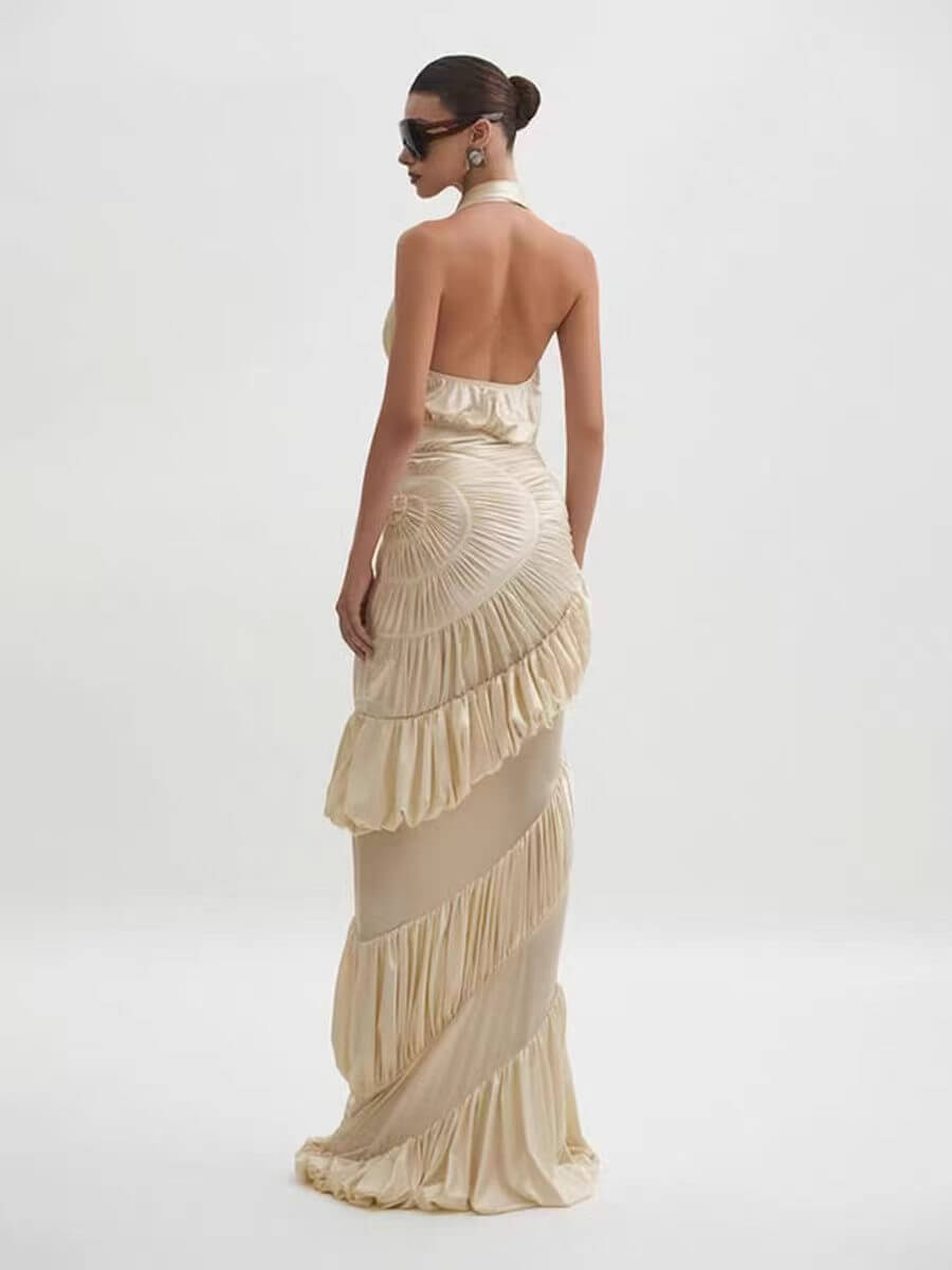 Illusion Halter Neck Pleated Maxi Dress