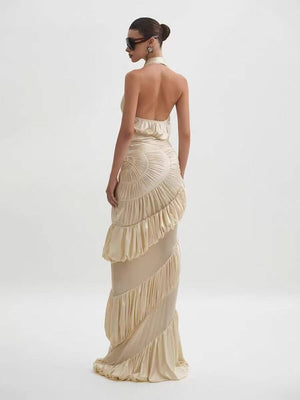 Illusion Halter Neck Pleated Maxi Dress