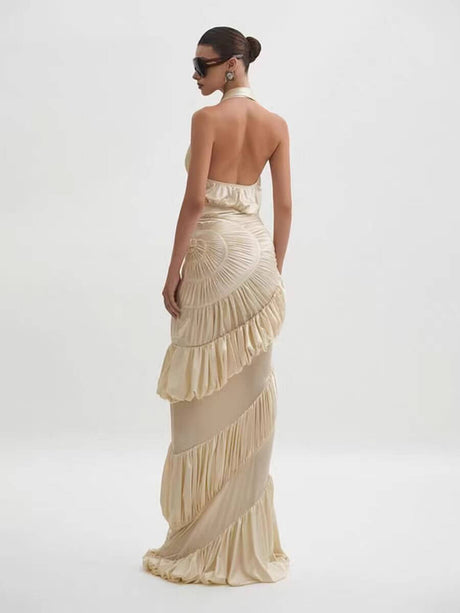 Illusion Halter Neck Pleated Maxi Dress