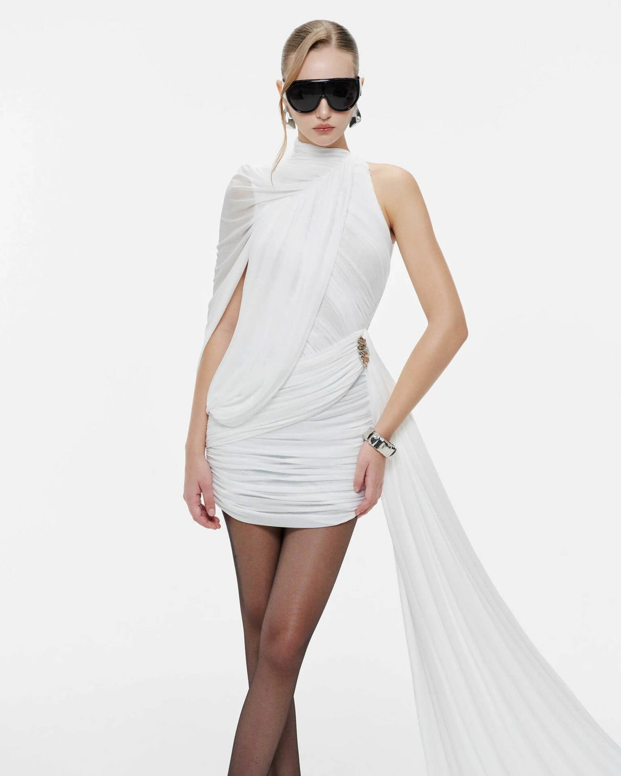 Instinct One Shoulder Draped Ruched Mini Dress White
