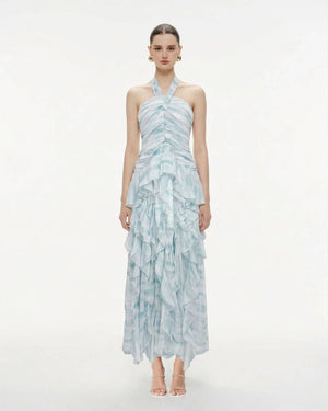 Selmori Mila Ruffle Halter Maxi Dress BLUE