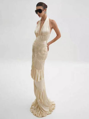 Illusion Halter Neck Pleated Maxi Dress