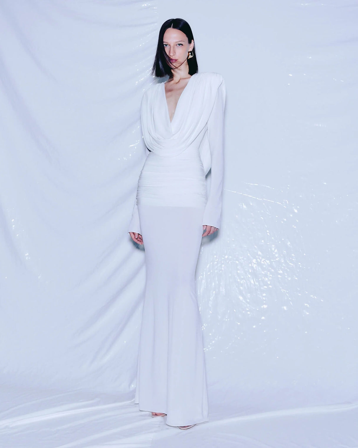 Selmori Lumière Long Sleeve Deep V Maxi Dress White