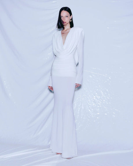 Selmori Lumière Long Sleeve Deep V Maxi Dress White