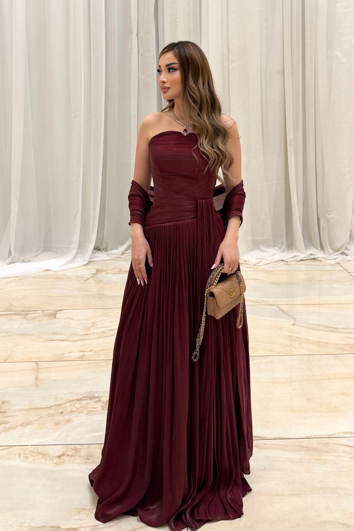 Oiseau Strapless Pleated Maxi Dress / Burgundy