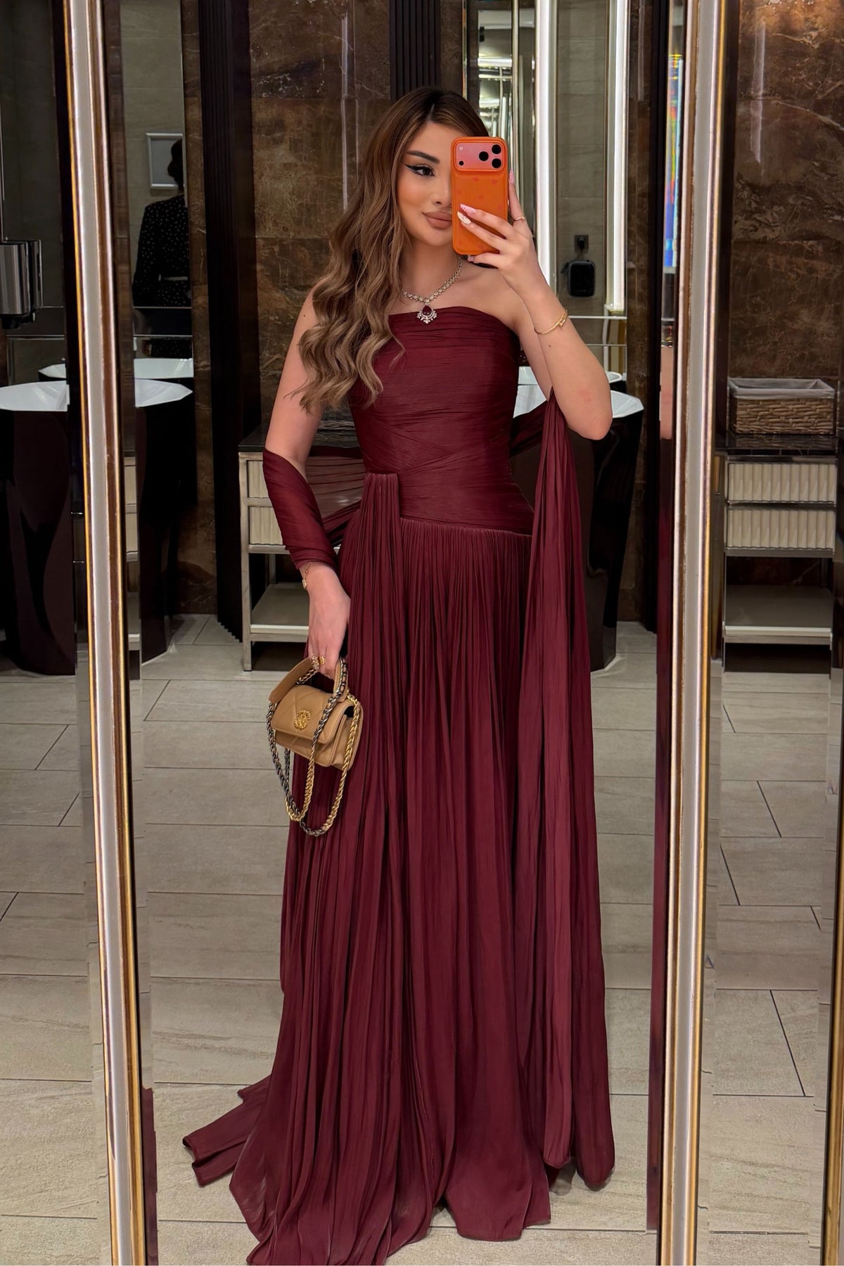 Oiseau Strapless Pleated Maxi Dress / Burgundy