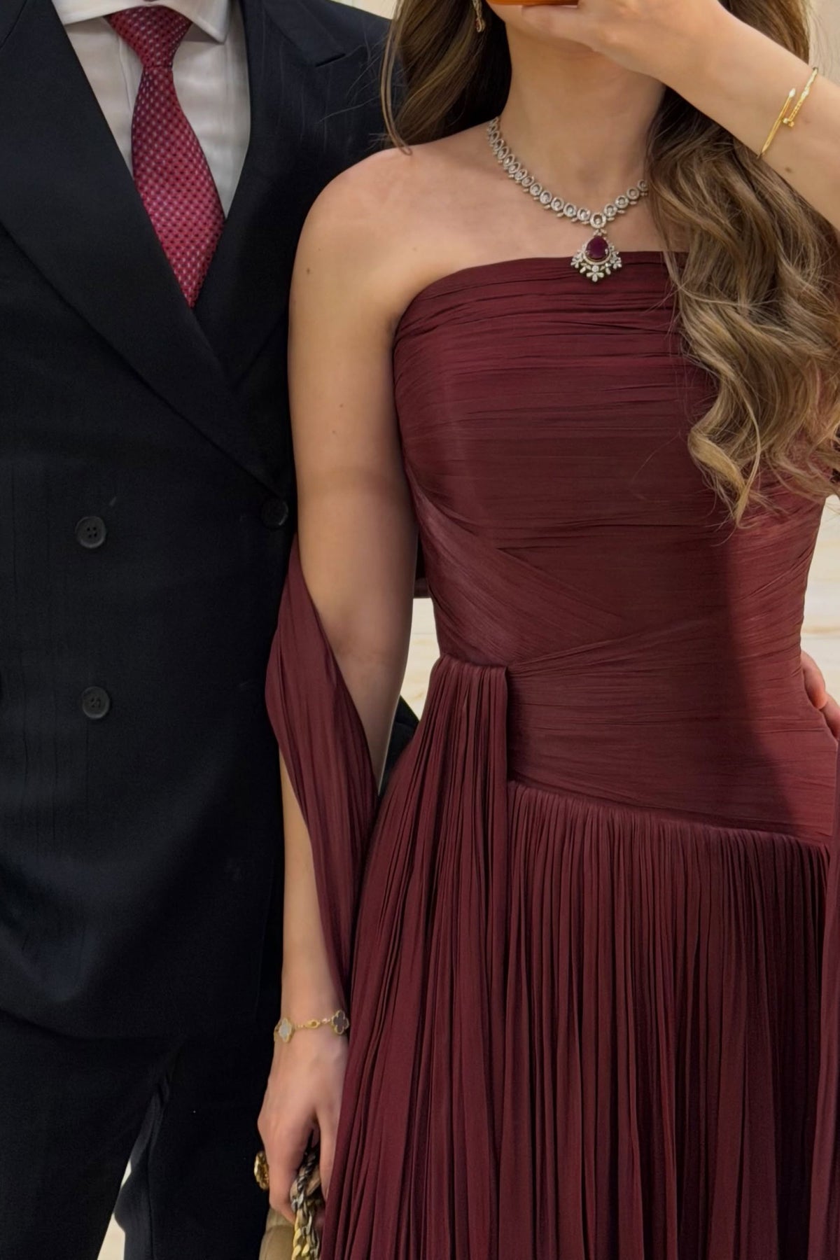 Oiseau Strapless Pleated Maxi Dress / Burgundy
