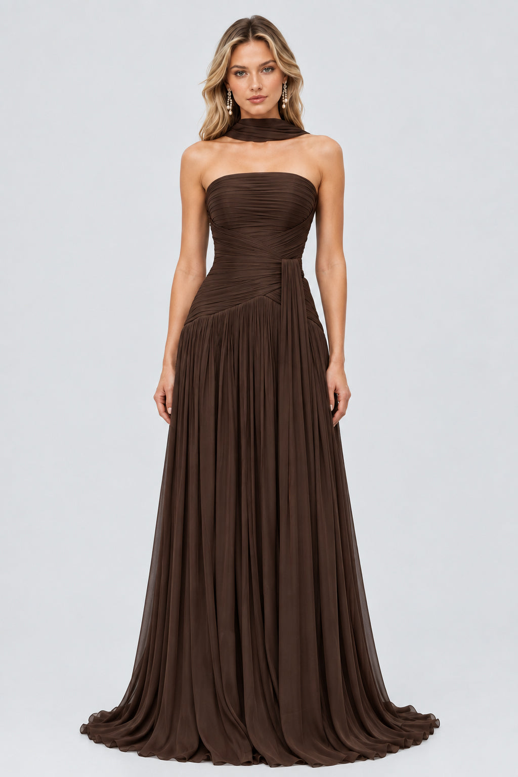 Oiseau Strapless Pleated Maxi Dress - Brown_-_selmori.com_-_01