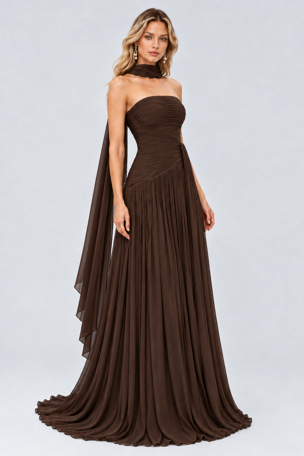 Oiseau Strapless Pleated Maxi Dress - Brown_-_selmori.com_-_06